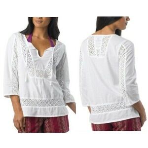 Prana Sofie Peasant Top Lace Crochet Blouse Tie Organic Cotton Medium